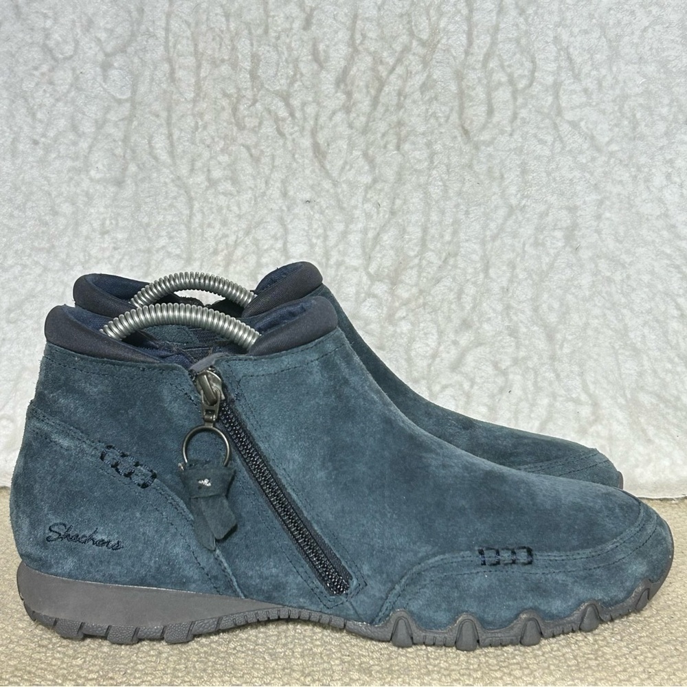 Skechers Womens Blue Suede Bikers-Zippiest MocToe Zip Ankle Booties Boots SZ 9.5